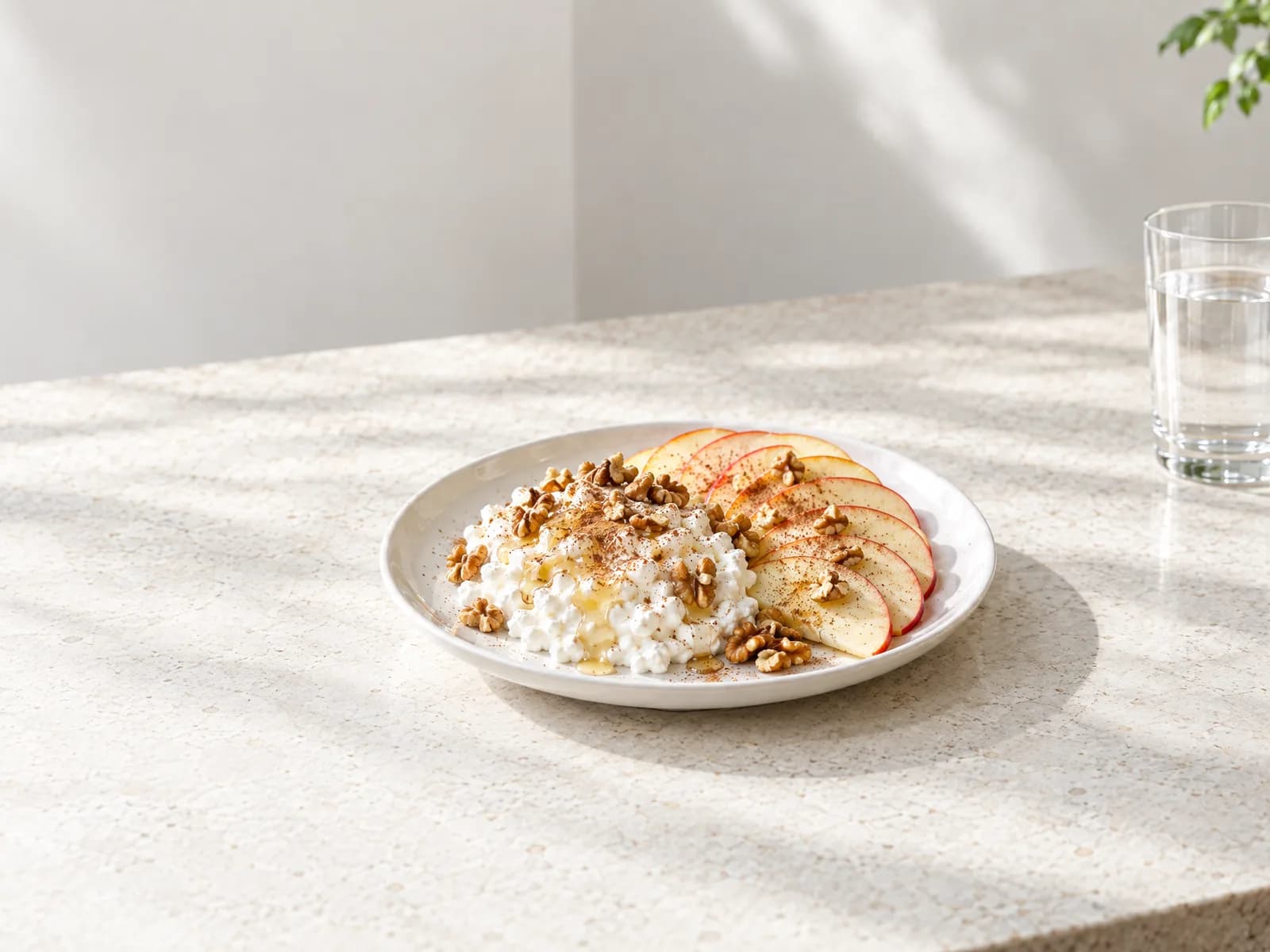 Cottage cheese with apple slices and walnuts