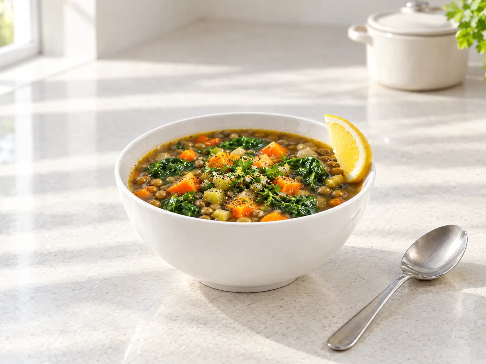 A bowl of lentil and vegetable soup